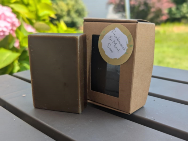 3.8 oz. Frankincense & Myrrh soap.